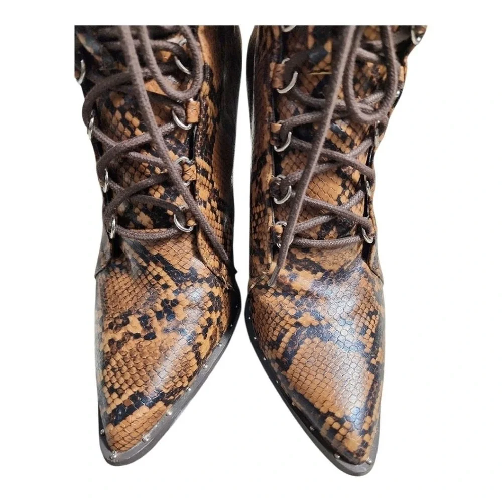 Wild Diva Snakeskin Ankle Boots Women 7 Brown Lace Up Block Heel Edgy Chic